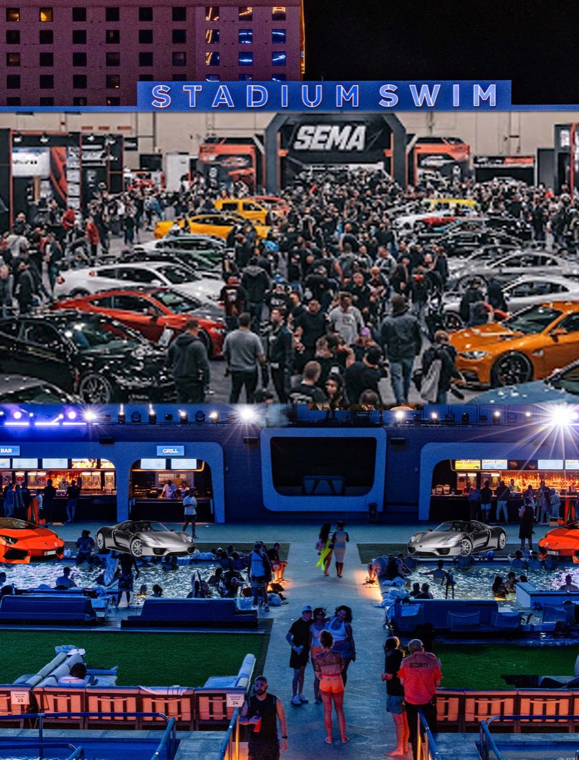 Crowds and cars on the SEMA show floor above the Stadium Swim rooftop pools at Circa