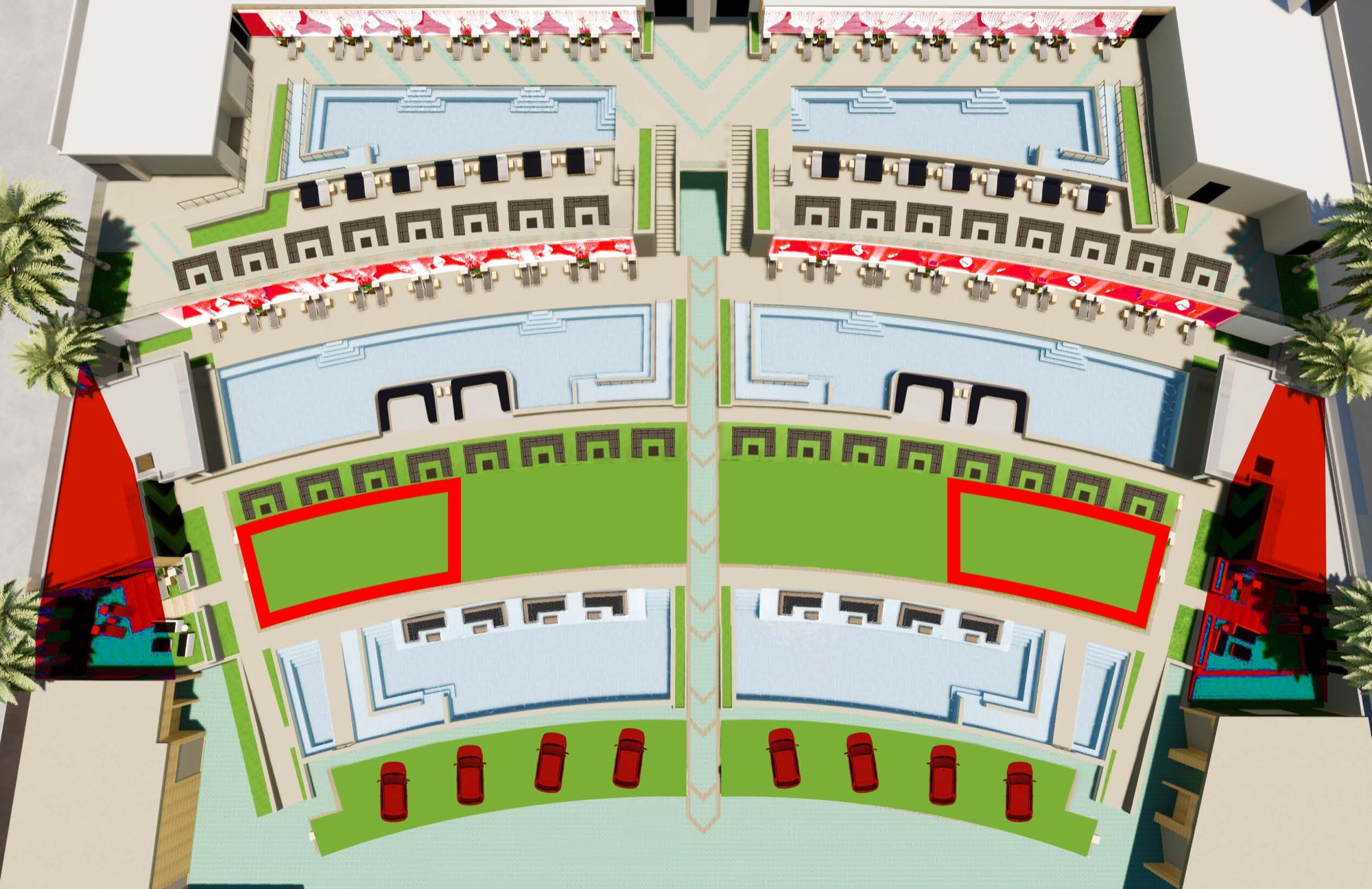 Overhead map of Stadium Swim showing Builder's Bay, Showcase Lane, VIP Sections, Overdrive Suites and the Main Screen