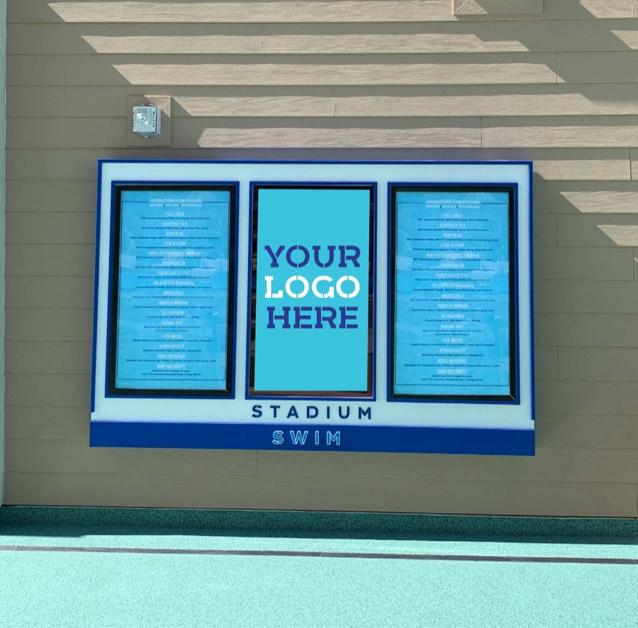 Vertical screens displaying a sponsor logo